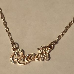 NWT QUEEN Necklace in Rosetone, has crystals on every letter!